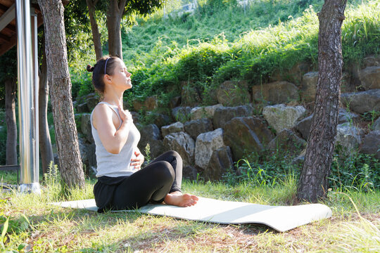 Breathing exercise during morning wellness practice in a quiet park. People sitting on yoga mat, focusing on deep breathing, calm mind and emotional balance in nature.