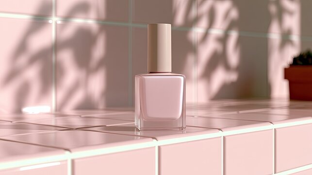 A soft pink nail polish bottle rests on a tiled surface, dappled with light