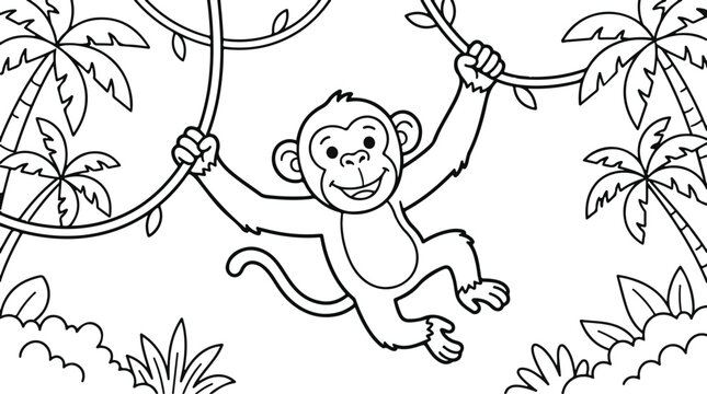Cute cartoon monkey hanging on a vine in the jungle, coloring page for kids
