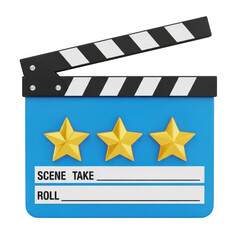 Fototapeta premium Blue movie clapperboard icon with three gold stars for cinema and film production isolated on transparent background