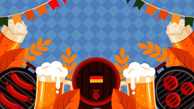 Festive Oktoberfest themed animated footage featuring overflowing beer mugs, German sausages, pretzels, autumn leaves, decorative bunting, and a traditional beer barrel, perfect for Oktoberfest