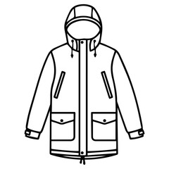 A black and white outline illustration of a hooded parka jacket with multiple pockets and drawstrings, presented in a minimalist style. © DesignINKZ