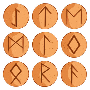 Elder Futhark Viking Rune Cookies Set. Festive pastry with carved runic symbols, divination cookies collection. Vector isolated illustration.