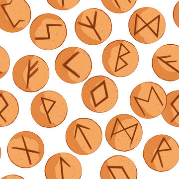 Elder Futhark Viking Rune Cookies Seamless Pattern. Festive pastry with carved runic symbols, divination cookies background. Vector illustration.