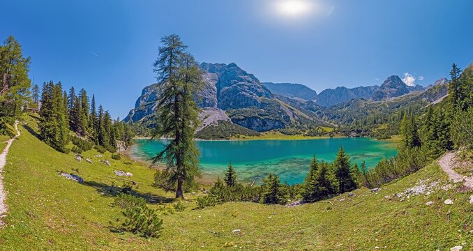 Wide panorama of Seebensee in the Mieming range Tyrol Austria