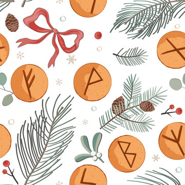 Christmas foliage and Elder Futhark Viking Rune Cookies Seamless Pattern. Festive pastry with carved runic symbols and pine branches background. Vector illustration.