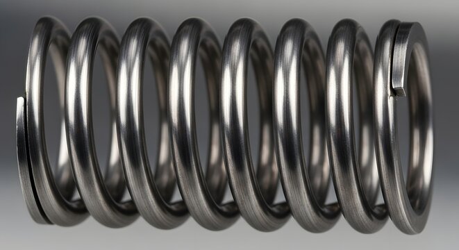 Metal coil spring against a smooth gray background with subtle lighting and shallow depth of field