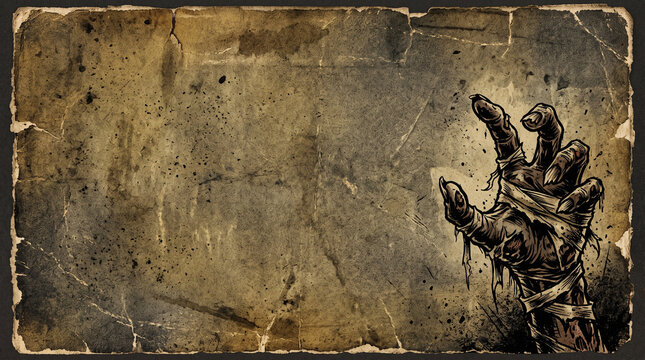 Vintage grunge Halloween background with illustrated mummy hand reaching from tattered parchment paper border
