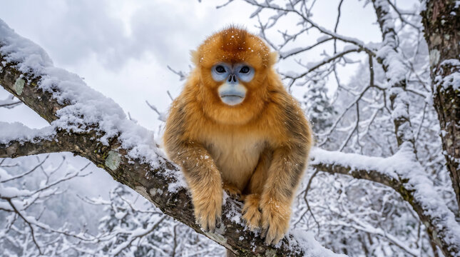 Golden Snub-Nosed Monkey Perched on Snow-Covered Branch in Winter Forest