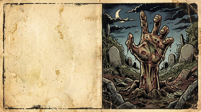 Zombie hand rising from graveyard soil vintage scroll Halloween background for eerie storytelling concepts