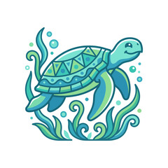 Fototapeta premium Charming Vector Illustration of a Sea Turtle Swimming in Ocean Water with Seaweed and Bubbles