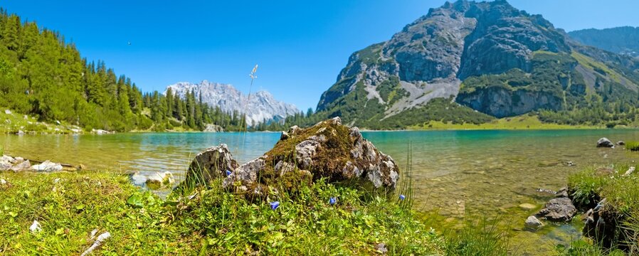 Turquoise Seebensee beneath rugged mountains in Tyrol Austria