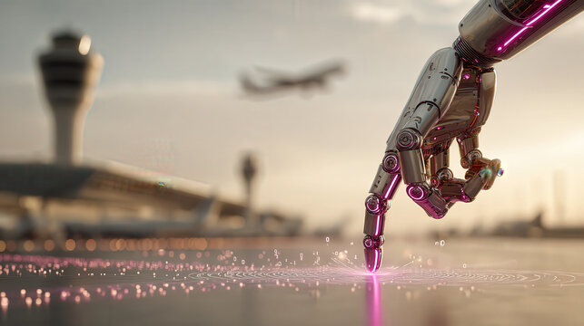 A futuristic robotic hand with glowing fingertips interacts with a digital interface, set against the backdrop of a modern airport and a plane taking off.