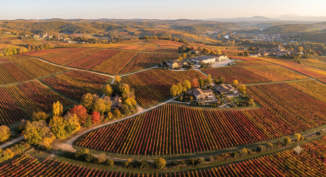 Aerial drone view of autumn vineyard and winery estate with golden sunset over rows of vines	포도나무 줄기 위로 황금빛 일몰이 비치는 가을 포도밭과 와이너리 에스테이트의 항공 드론 뷰