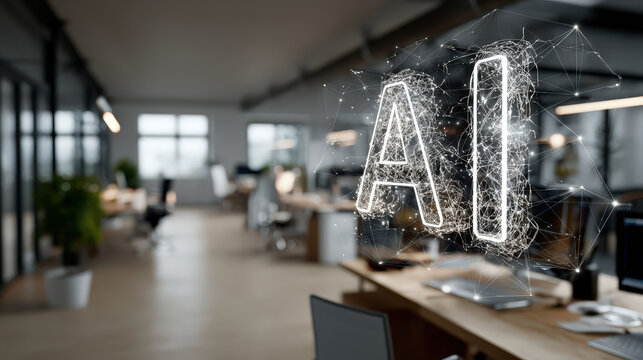 AI concept visualized with glowing interconnected lines forming the letters A and I, hovering above a modern office desk, symbolizing artificial intelligence integration in the workplace.
