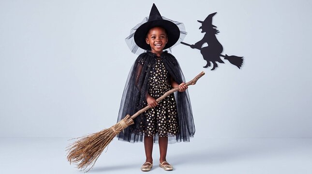 Smiling little girl in witch costume holding broomstick with witch silhouette