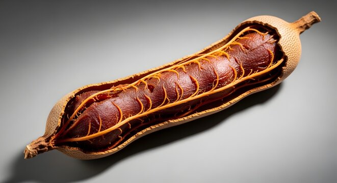 Open Sausage Tree fruit with exposed pulp and seeds against a neutral backdrop with studio lighting