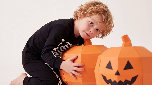 Curious boy in skeleton pajamas hugging paper jack-o-lantern decoration