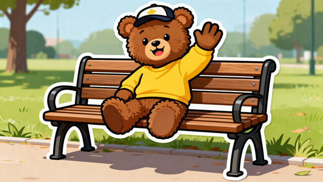 Friendly teddy bear character vector illustration sitting on a park bench wearing a cap and yellow sweatshirt, cheerfully raising a hand to wave hello.