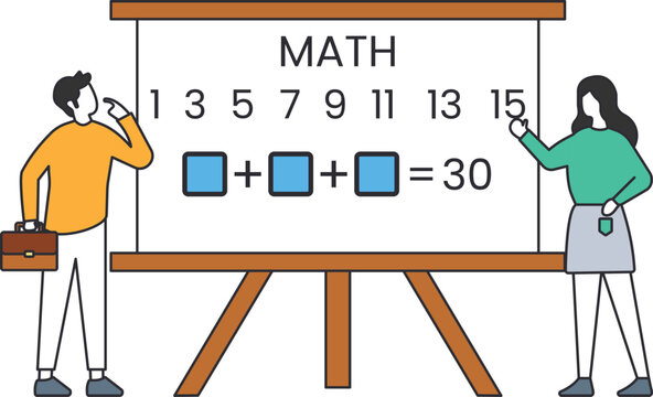 Math problem solving on a whiteboard with a teacher explaining a logic puzzle to a confused student. A critical thinking challenge and brain teaser for mathematics education.