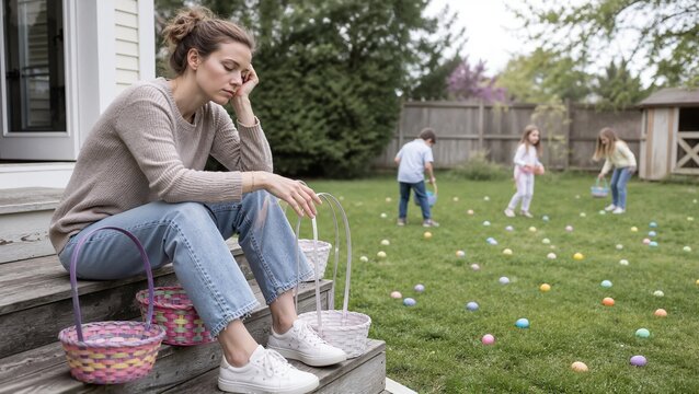 Exhausted mother during family Easter egg hunt sitting on steps with empty baskets. Tired mother reflects on hectic day as children joyfully search for colorful eggs in the yard.