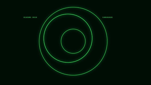 Cyber 2077 system error digital interface with glowing green concentric circles and binary code data animation 4k