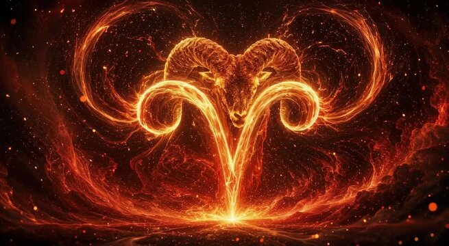 Fiery glowing ram head forming the Aries zodiac symbol in swirling orange and red flames
