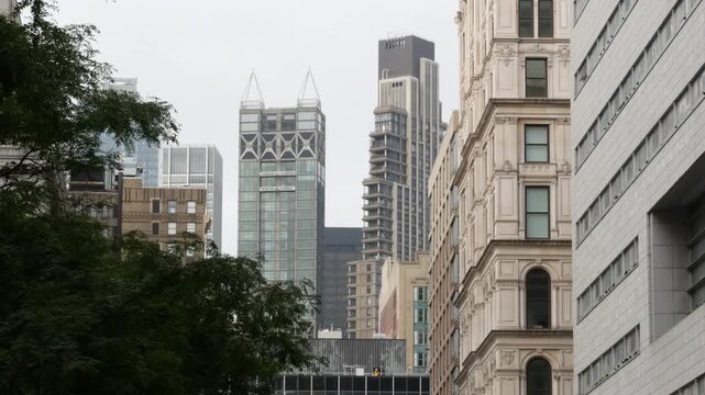 New York City Downtown urban tall buildings architecture, Lower Manhattan Lafayette street, United States of America. Skyscraper towers of Financial District, USA. Civic center and FiDi from Chinatown