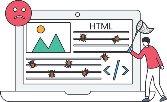 Bug fixing software testing concept of a developer catching bugs on a laptop screen. Quality assurance debugging process for website error and system failure with HTML code.