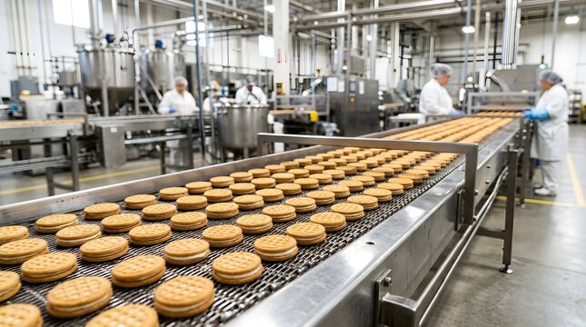 Industrial bakery production line with conveyor belt and workers making biscuits