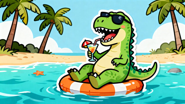 Beach life vector illustration of a dinosaur enjoying a cocktail on a float with palm trees for summer vacation designs and tropical-themed projects