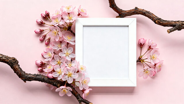 Minimalist white picture frame decorated with pink cherry blossom branches on light pink background for holiday craft design with copy space template decorative botanical background minimalist