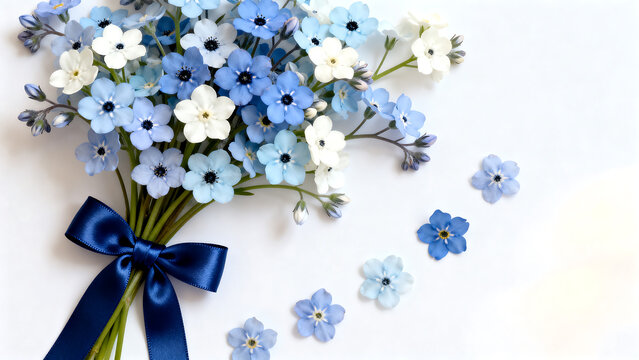 Bouquet of blue forget me not flowers tied with navy ribbon on white surface for holiday craft design with copy space botanical greeting romantic anniversary decoration blooming composition
