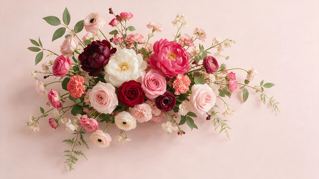 Lush arrangement of assorted red and pink peonies and roses on soft pink background for holiday craft design with copy space botanical arrangement romantic greeting anniversary blooming