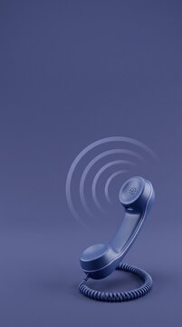 Blue vintage telephone receiver floating with sound waves on a solid background, symbol of communication, hotline, and customer service