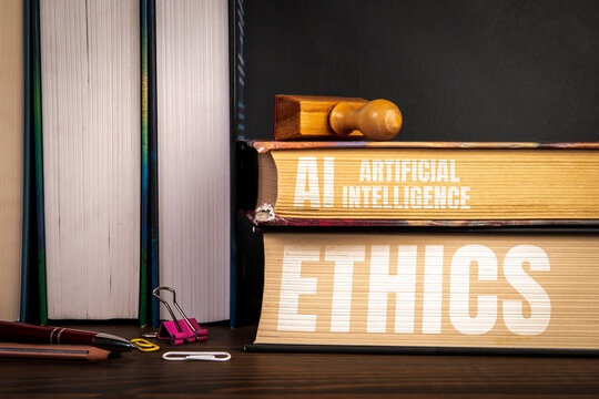 AI ARTIFICIAL INTELLIGENCE and ETHICS Books with Wooden Stamp