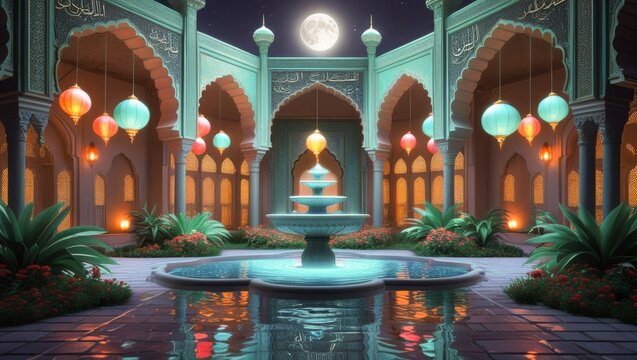 Islamic courtyard fountain at night with glowing lanterns arches architecture and full moon for Ramadan and Eid background