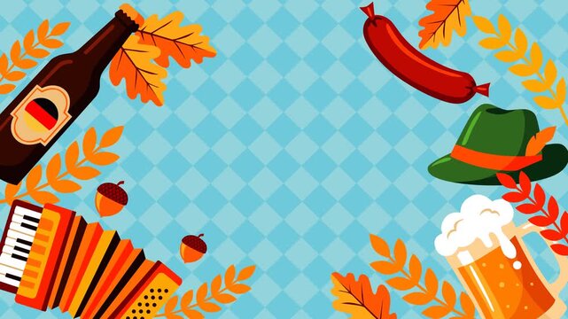 Festive Oktoberfest animated background featuring German beer, accordion, traditional hat, sausage and autumn foliage on a Bavarian patterned backdrop, ideal for event promotions