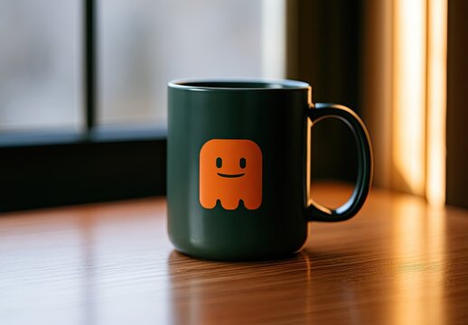Dark green mug with an orange cartoon ghost logo sits on a wooden surface