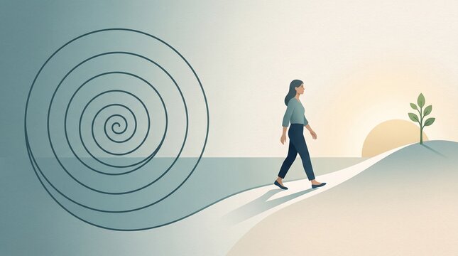 Illustration of a woman escaping her mental cage, walking away from a dark spiral toward hope and growth
