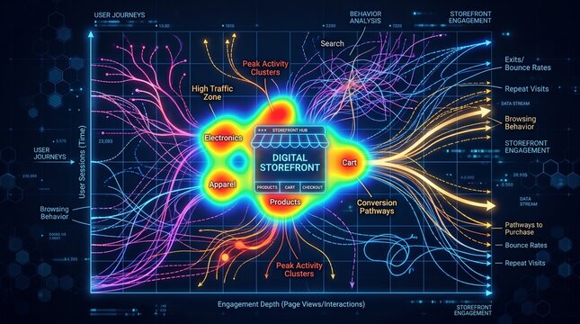 Futuristic abstract data visualization of ecommerce user engagement metrics and digital retail consumer behavior patterns