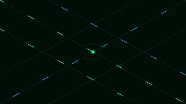 Digital grid interface with pulsing center point and moving light lines for tech backgrounds animation 4k