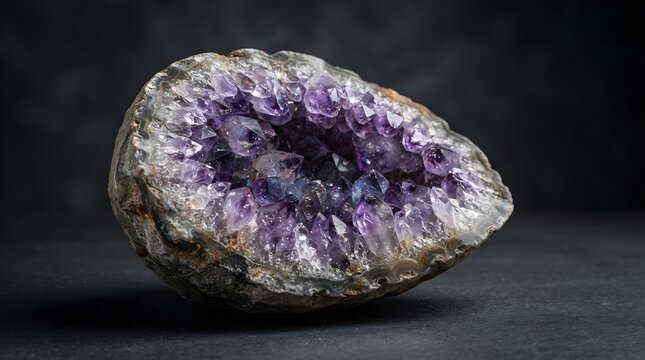 Amethyst geode with purple crystal cluster on dark background