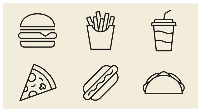 Minimalist fast food icons featuring burger fries soda pizza hot dog and taco line art french fries soda cup pizza slice junk food vector set snack food icon collection snack bar