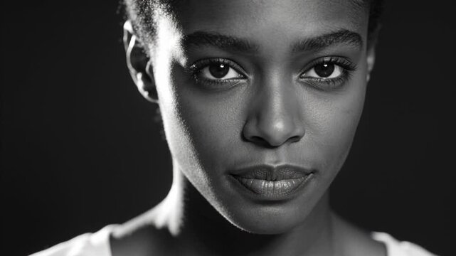 Rolling camera, woman holding gaze and making micro shifts for portrait under studio-lit white-top