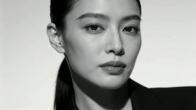 Reacting to cue, model blinking, tilting, recentering gaze in studio portrait with blazer left stud