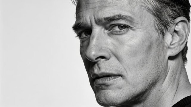 Camera clicking, man turning in-studio portrait wearing black-top with gray-backdrop and keylight