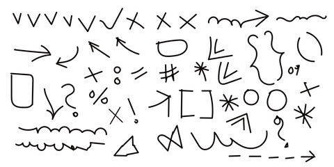PrintHand drawn math punctuation symbols and doodle arrows set, black ink check marks, cross signs, brackets, question mark and emphasis note icons for infographics. © afrin deging