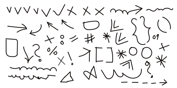 PrintHand drawn math punctuation symbols and doodle arrows set, black ink check marks, cross signs, brackets, question mark and emphasis note icons for infographics.