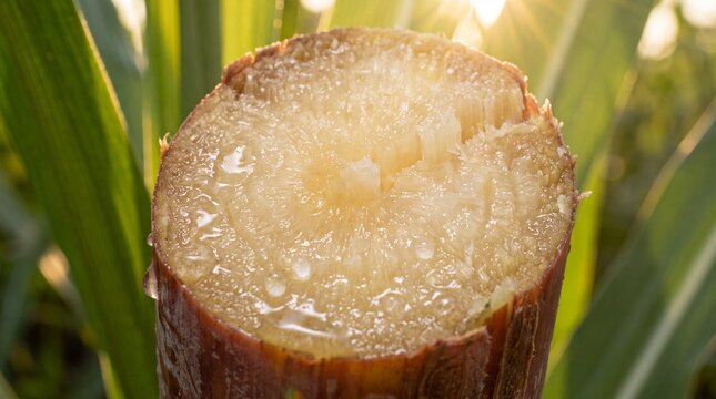Close up of a cut sugarcane stalk with visible juice droplets in a sunny field with fibrous texture glistening section fresh sugarcane displays fibrous cross section agriculture cultivation food